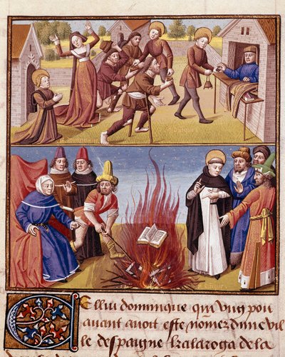 Inquisition présidée par Saint Dominique de Guzman (1170-1221), épreuve du feu du livre hérétique et du livre orthodoxe. Miniature dans 