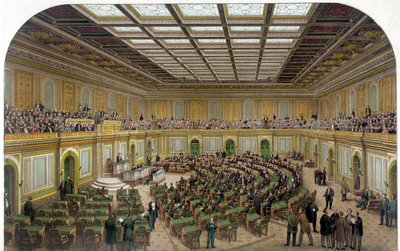 Vue intérieure de la Chambre des représentants du Capitole des États-Unis montrant le Congrès en session et les spectateurs dans la galerie - Gravure de 1866. - Unknown artist