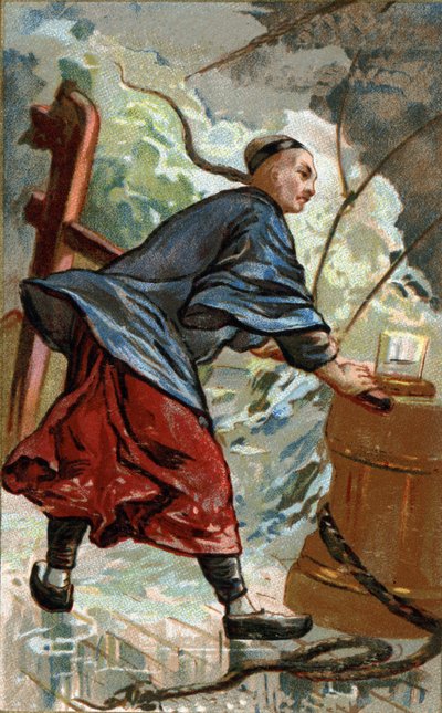 Invention de la boussole chinoise : navigateur chinois utilisant la boussole sur son bateau. La première utilisation de la boussole comme instrument de navigation sur les navires chinois date de la fin du 10e siècle. Chromolithographie du 19e siècle - Unknown artist