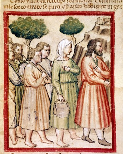 Isaac et sa famille souffrant de famine émigrent vers les terres du roi Abimelech. Miniature du codex 212 (ou padovano ou Bible de Padoue) 1390-1400 Rovigo, Accademia dei Concordi - Unknown artist