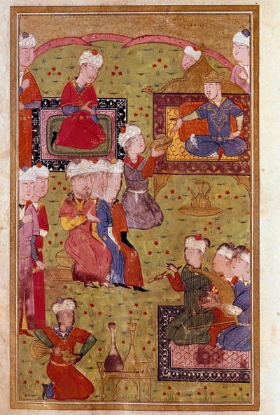Art islamique : banquet en présence du Sultan avec musiciens (Miniature d