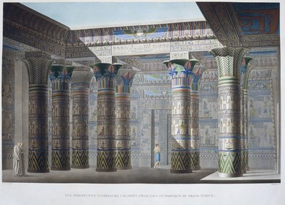 Île de Philae : Vue intérieure colorée prise sous le portique du Grand Temple - dans « Description de l