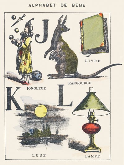 J K L: jongleur, kangourou, livre, lune, lampe - Unknown artist
