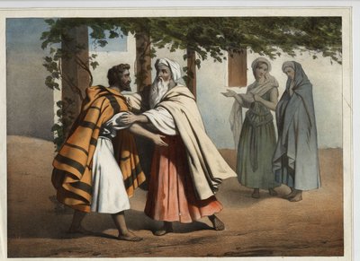 Jacob fuyant la vengeance de son frère Ésaü fut accueilli par Laban. Gravure anonyme du 19e siècle - Unknown artist
