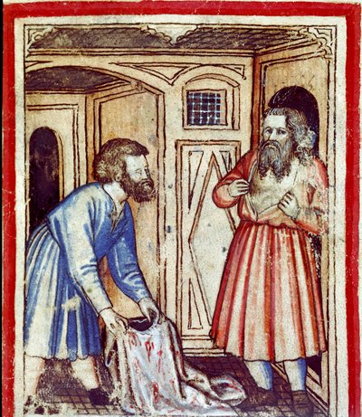 Jacob apprend la mort de son fils Joseph, vendu par ses frères aux Égyptiens. Miniature du codex 212 (ou padovano ou Bible de Padoue) 1390-1400 - Unknown artist