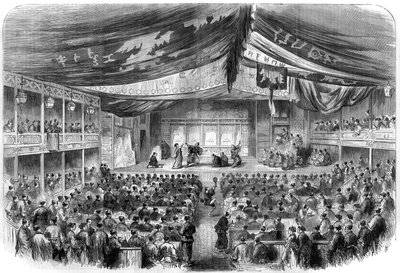 Théâtre japonais : présentation dramatique à Osaka. Gravure dans « L