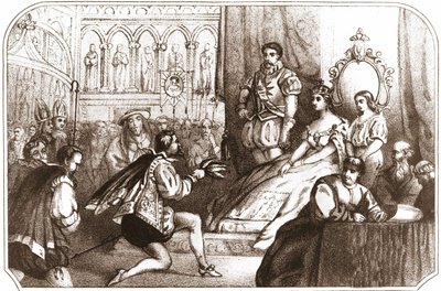 Jean Nicot présentant la plante de tabac à Catherine de Médicis et au Grand Prieur de la Maison de Lorraine. Lithographie du 16e siècle vers 1868 - Unknown artist