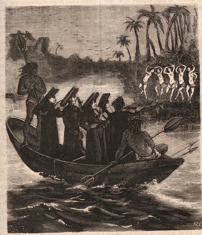 Les missionnaires jésuites arrivent en bateau parmi les Indiens Guarani au Paraguay en 1553 - Gravure de 1879 dans « Histoire des Sociétés Secrètes, Politiques et Religieuses » par Pierre Zaccone (1817-1895) - Unknown artist