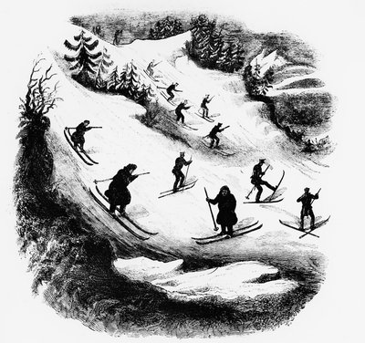 Jeux du Nord : skieurs descendant une piste - gravure, fin 19e siècle - Unknown artist