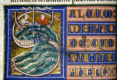 Jonas est jeté à la mer et dévoré par un énorme poisson. Manuscrit du XIVe siècle. Bibliothèque municipale de Vercelli - Unknown artist