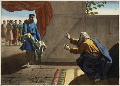 La tunique ensanglantée de Joseph présentée à Jacob. Les frères jaloux de Joseph qui ont renoncé à le tuer font croire à leur père Jacob à sa mort en présentant le manteau de Joseph couvert de sang de mouton. Gravure anonyme du milieu du 19ème siècle - Unknown artist