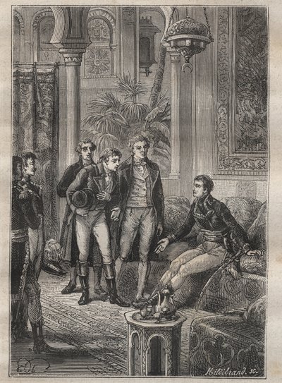 Voyage (1798) de Frédéric Conrad (Konrad) Hornemann (1772-1801) au Fezzan (Libye) : Hornemann est accueilli par Bonaparte au Caire (Égypte) - illustration tirée de « Les Grands Marins du XVIIIe siècle » - Unknown artist