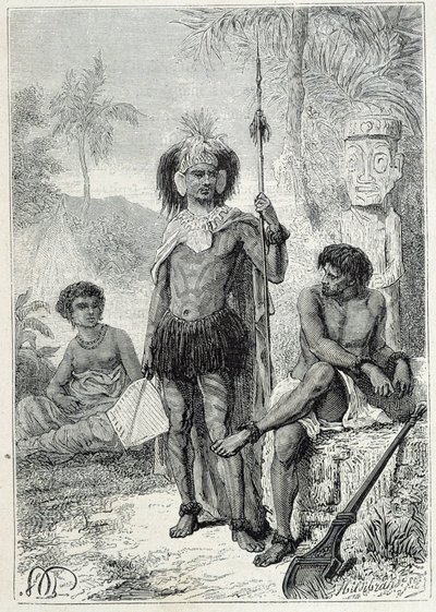 Voyage du capitaine James Cook (1728-1779) : indigènes des îles Marquises - illustration tirée de "Les grands marins du XVIIIe siècle" - Unknown artist