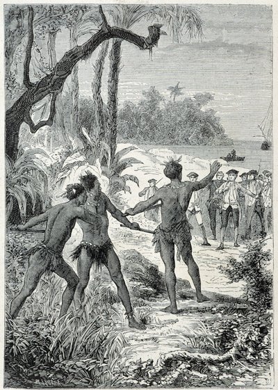 Voyage du Capitaine James Cook (1728-1779) en Nouvelle-Guinée : la première rencontre avec les indigènes, illustration tirée de « Les Grands Marins du 18ème siècle » - Unknown artist