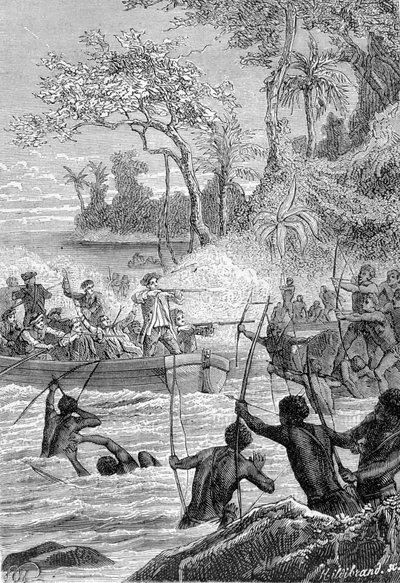 Voyage de Carteret dans les îles de Santa Cruz : Attaque des indigènes à coups de flèches - illustration tirée de « Les Grands Marins du 18ème siècle » - Unknown artist