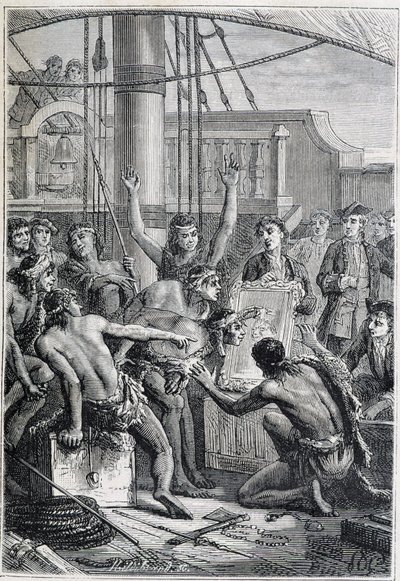 Voyage de Samuel Wallis (1728-1795) en Polynésie : indigènes étonnés par un miroir - illustration tirée de "Les grands marins du 18e siècle" - Unknown artist