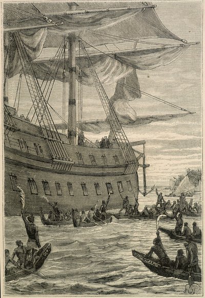Voyage de Samuel Wallis (1728-1795) en Polynésie : indigènes tenant des branches de bananier en main comme salut de bienvenue - illustration de « Les grands marins du XVIIIe siècle » - Unknown artist