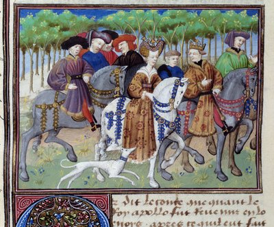 Roi et Reine allant à la chasse (Philippe VI de Valois et Blanche de Navarre (?)) Miniature du "Livre de la chasse" de Gaston III Phoebus, Comte de Foix, Seigneur de Béarn (1331-1391) - Unknown artist