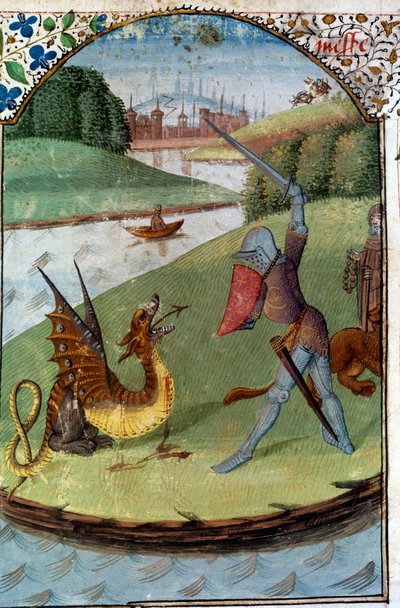 Chevaliers de la Table Ronde: Lancelot combat le dragon. Miniature du manuscrit Le roman de Lancelot du Lac - Unknown artist