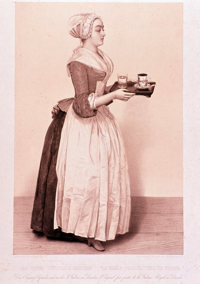 La Chocolatière de Vienne : jeune servante tenant un plateau avec une tasse de chocolat chaud. Lithographie du 19ème siècle Collection privée - Unknown artist