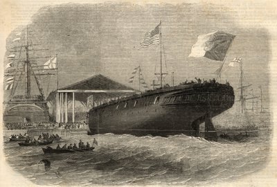 Lancement de la corvette portugaise Sagres à Limehouse (Londres). Gravure dans The Illustrated London News du 5 juin. - Unknown artist