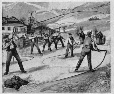 Les claqueurs du Salzkammergut - Salzkammergut : Plusieurs dimanches après le Nouvel An, les jeunes hommes de Salzbourg (Autriche) claquent des fouets pour réveiller la nature de son sommeil hivernal - gravure de 1897 - Unknown artist
