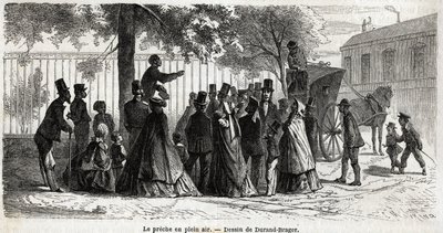 Le prêche en plein air, à Londres, dessin de Durand Brager, pour illustrer une excursion dans les quartiers pauvres de Londres, en 1862, par L. Simonin. Gravure dans "Le tour du monde", édité par Edouard Charton - Unknown artist