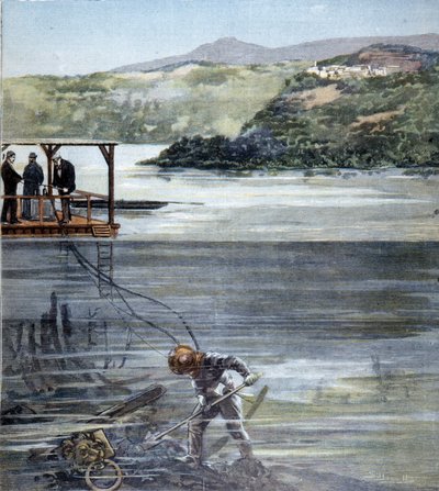 Le scaphandrier Paolo Pardi travaillant sur les bateaux romains dans le lac de Nemi avec le scaphandre Siebe en 1893 - Unknown artist