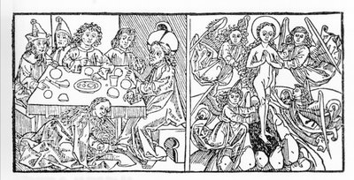 À gauche : Sainte Marie-Madeleine sèche les pieds de Jésus avec ses cheveux. À droite : Sainte Marie-Madeleine monte au Ciel. Manuscrit de 1488 imprimé à Nuremberg. Gravure de « Leben der Heiligen - sommerteil » (Le livre des saints) par Jacobus de Voragin - Unknown artist