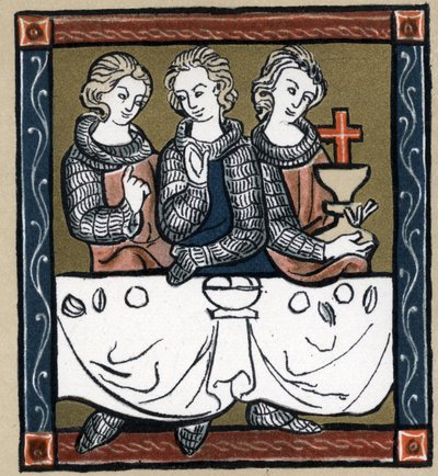 Légende arthurienne : Galahad (Gaalad ou Galaad), Perceval et Bohort (Bors ou Borrt) avec le Saint Graal. Dans « Geschichte der Französischen Literatur » par Hermann Suchier - Unknown artist
