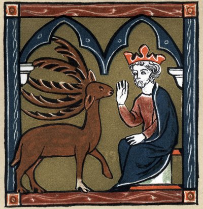 Légende arthurienne : Merlin métamorphosé en cerf à cinq bois visite Jules César. Dans "Geschichte der Französischen Literatur" par Hermann Suchier - Unknown artist