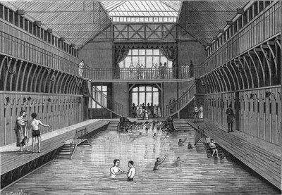 Les bains publics à bon marché de la rue Château-Landon à Paris en 1884. Dans « La Nature. Revue des sciences et de leurs applications aux arts et à l