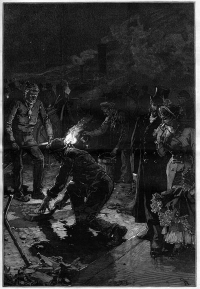 Les ouvriers posent le bitume aux abords du Théâtre-Français (Comédie-Française) dans les rues de Paris et effectuent les travaux du chantier pendant la nuit. Gravure dans "Le Monde Illustré" - Unknown artist