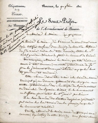Lettre du sous-préfet de la Creuse (arrondissement de Boussac) au maire de Gouzon, 9 septembre 1822. - Unknown artist