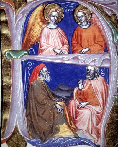 Lettrine représentant des anges et des philosophes qui discutent - dans De civitate dei de Saint Augustin. Manuscrit du 14e siècle. Bibliothèque municipale de Rimini - Unknown artist