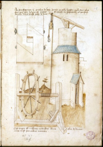 Système de levage avec poulie pour chantier - Manuscrit : feuille de parchemin d