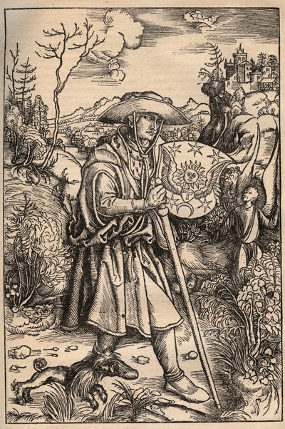 Le pèlerin avec son chien devant un château, illustration d