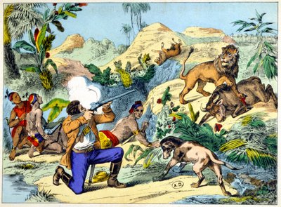 Chasse au lion en Afrique australe. Gravure du 19ème siècle. - Unknown artist