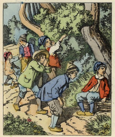 Le Petit Poucet et ses frères perdus dans la forêt abandonnés par leurs parents. Illustration du conte « Le Petit Poucet » de Charles Perrault. - Unknown artist