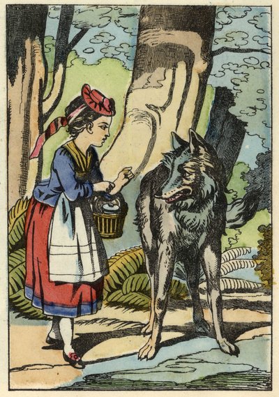 Le Petit Chaperon Rouge rencontre le loup dans la forêt. Illustration du conte « Le Petit Chaperon Rouge » de Charles Perrault - Unknown artist