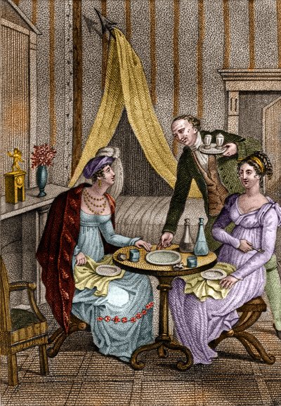 Petit dîner. Olympe de Gouges (1748-1793), femme de lettres et révolutionnaire française avec Céline, une de ses amies. Dans « Conseils à ma fille » par Jean Nicolas Bouilly (1763-1842). 1820. Collection privée. - Unknown artist