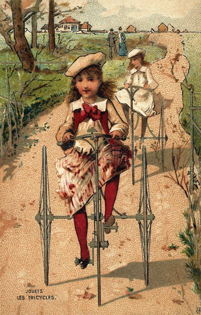 Petites filles faisant du tricycle. Chromolithographie vers 1890. - Unknown artist