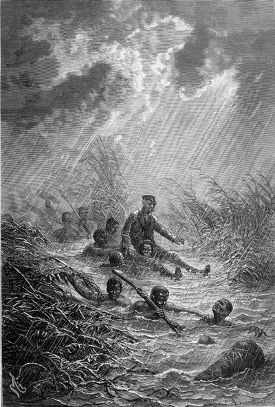 Livingstone et ses hommes traversant un cours d