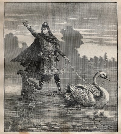 Lohengrin dans une nacelle tirée par un cygne, scène de l