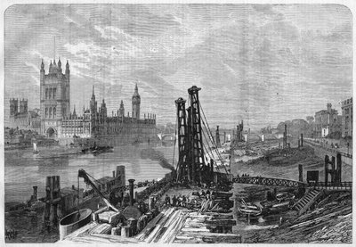 Londres, construction de docks sur la rive sud de la Tamise, en face de la ville administrative de Westminster sur la rive nord. dans « L