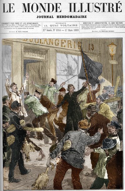 Louise Michel (1833-1905), révolutionnaire française, brandissant un drapeau noir inscrit « pain ou mort », lors du pillage d