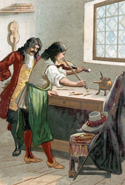 Luthier Stradivarius (Antonio Stradivari) (1644-1737) dans son atelier. Chromolithographie du 19ème siècle - Unknown artist