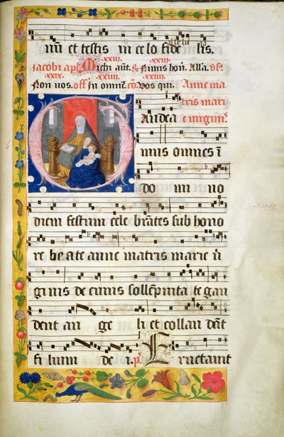 MS.McC.57. f.48r Sainte Anne assise sur un trône, lisant, la Vierge et l
