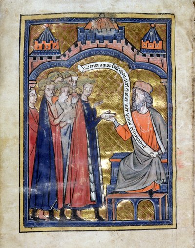 MS. Marlay. Add.1.f2b De Re Militari, Végèce recevant le jeune prince Édouard (1239-1307) et ses compagnons, c.1270 - Unknown artist