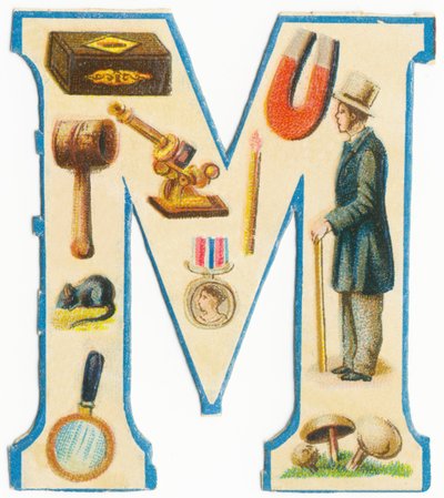 M : allumettes, aimant, maillet, microscope, souris, médaille, homme, loupe, champignons - Unknown artist